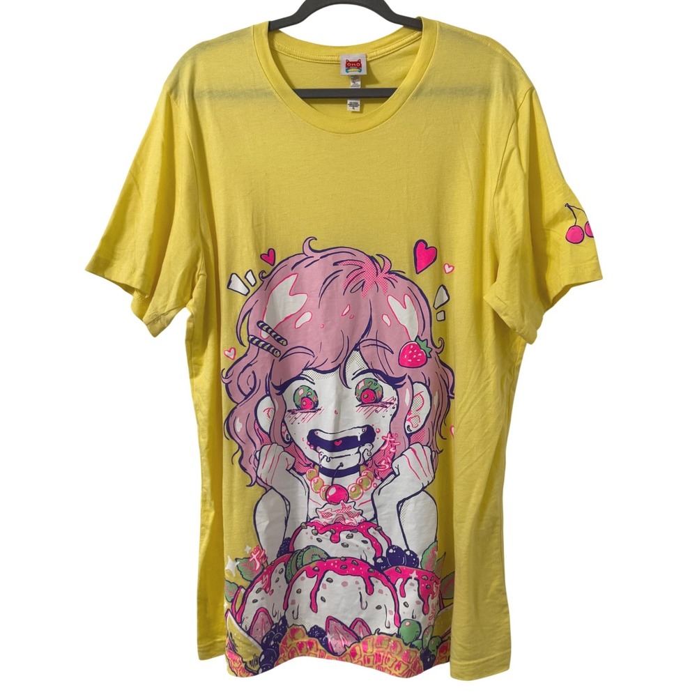 Omocat Sundae T-Shirt Womens XL Yellow Graphic Anime Girl Ice Cream‎ Cotton